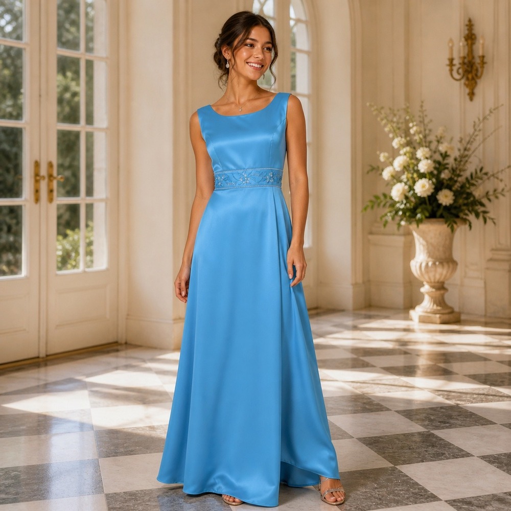 Turquoise Prom Dress Satin A-Line Maxi Beaded Formal Gown Wedding Guest Evening